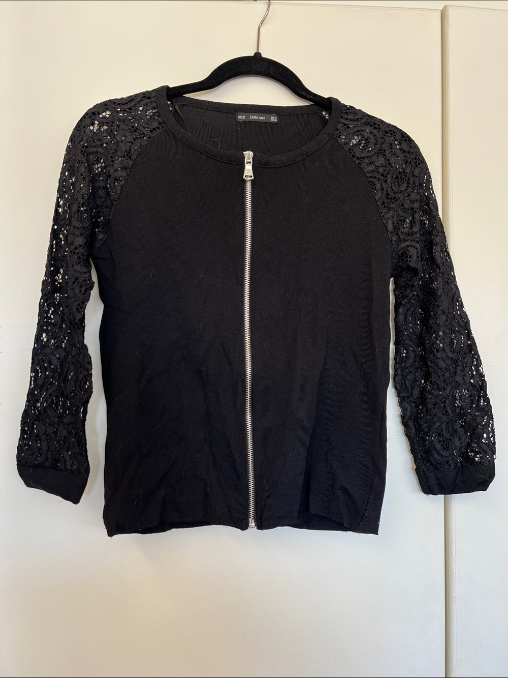 Zara Knit Black Lace Crochet Sleeve Zip Front Bomber Jacket Cardigan Sweater Top